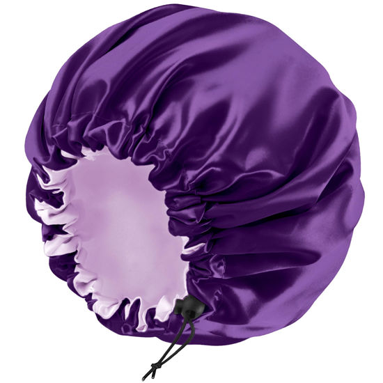 Picture of Satin Bonnet Silk Bonnet for Curly Hair Bonnet Braid Bonnet for Sleeping Bonnets for Women Large Double-Layer Adjustable Purple