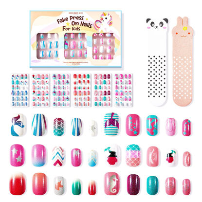 Picture of Modelones Press on Nails for Kids 144Pcs 6 Pack Children Acrylic Fake Nails Pre-glue Full Cover Glitter Gradient Color Mermaid Beach Short False Nail Art Kits Sets Christmas Day Gifts for Kids Girls