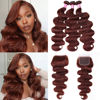 Picture of UNICE Reddish Brown Body Wave Human Hair 3 Bundles with 4x4 lace closure Free Part Brazilian Remy Hair Copper Red Wavy Bundles and Closure Colored Human Hair Extensions 16 16 18+14 inch Closure