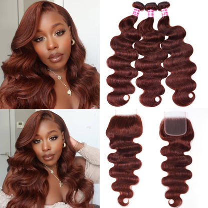 Picture of UNICE Reddish Brown Body Wave Human Hair 3 Bundles with 4x4 lace closure Free Part Brazilian Remy Hair Copper Red Wavy Bundles and Closure Colored Human Hair Extensions 16 16 18+14 inch Closure