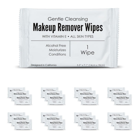 Picture of World Amenities - Bulk Makeup Remover Wipes | 50 Count | Individually Wrapped, Gentle Cleansing, Alcohol Free - All Skin Types - Vitamin E - 100% Recyclable, Hotel Travel Size Toiletries