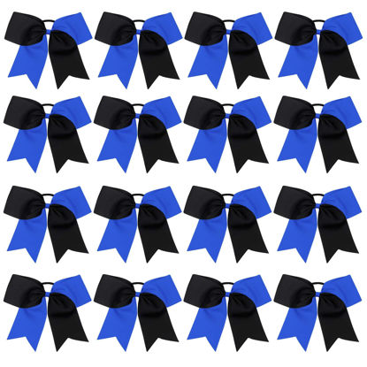 Picture of 16PCS 8" Large Cheer Hair Bows Ponytail Holder Elastic Band Handmade for Cheerleading Teen Girls College Sports (Black/Royal, 16 Count (Pack of 1))