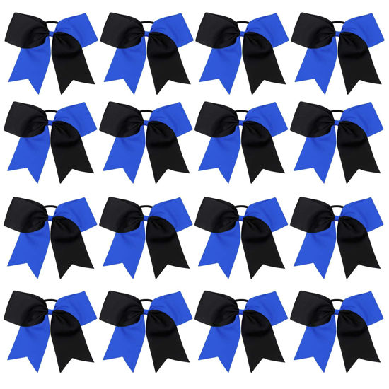 Picture of 16PCS 8" Large Cheer Hair Bows Ponytail Holder Elastic Band Handmade for Cheerleading Teen Girls College Sports (Black/Royal, 16 Count (Pack of 1))