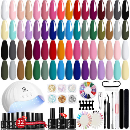Picture of MEFA 32 Colors Gel Nail Polish Kit with U V Light, 54 Pcs Nude Pink Popular Gel Nail Polish Starters Set with Matte Base Top Coat Essential Manicure Tools Nails Art Decorations DIY Gifts