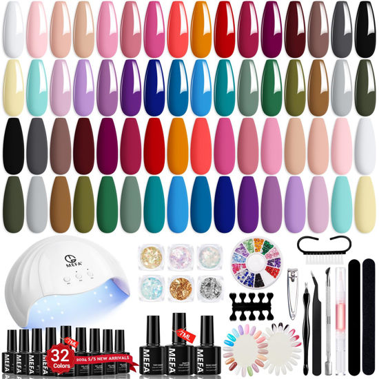 Picture of MEFA 32 Colors Gel Nail Polish Kit with U V Light, 54 Pcs Nude Pink Popular Gel Nail Polish Starters Set with Matte Base Top Coat Essential Manicure Tools Nails Art Decorations DIY Gifts