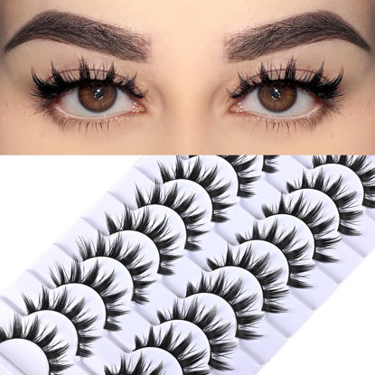 Picture of FARRED Manga Lashes False Eyelashes 10 Pairs Spiky Lashes Wispy Anime Eyelash Japanese Style 16MM Cat Eye Lash Natural Eyelashes Faux Mink Doll Lashes