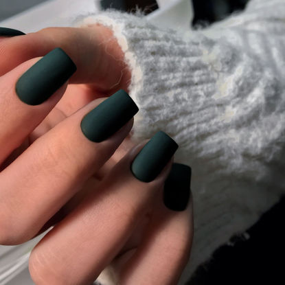 Picture of Matte Dark Green Press on Nails Short Medium Square Glue on Nails Set,KQueenest Solid Color Fake Nails Short Coffin Acrylic Nails Press on Gel Nails for Women Reusable False Nails in 24 Pcs