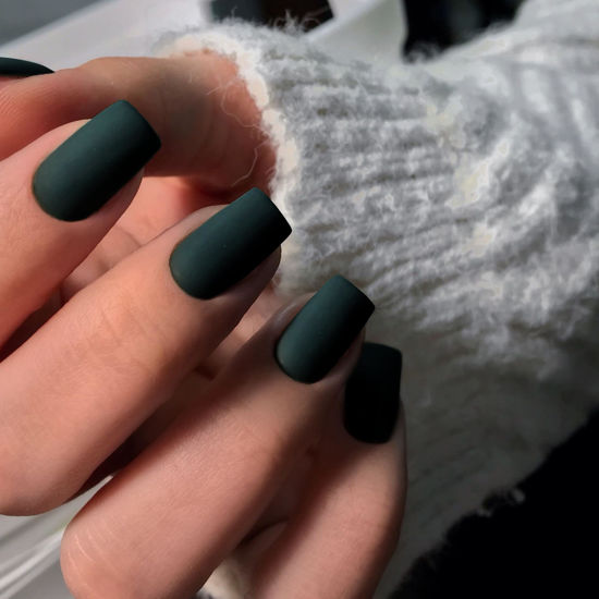 Picture of Matte Dark Green Press on Nails Short Medium Square Glue on Nails Set,KQueenest Solid Color Fake Nails Short Coffin Acrylic Nails Press on Gel Nails for Women Reusable False Nails in 24 Pcs