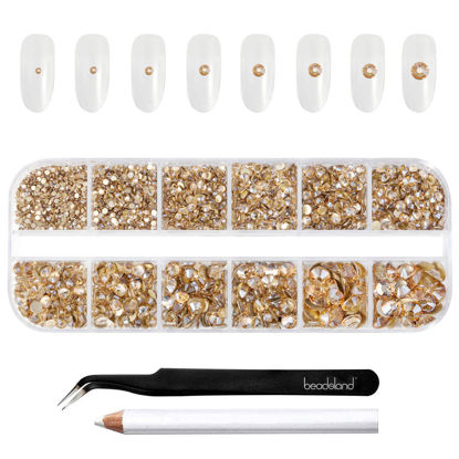 Picture of Beadsland Rhinestones for Makeup,8 Sizes 2500pcs Gold Flatback Rhinestones Eye Gems for Nails Crafts with Tweezers and Wax Pencil,Golden Shadow,SS4-SS30