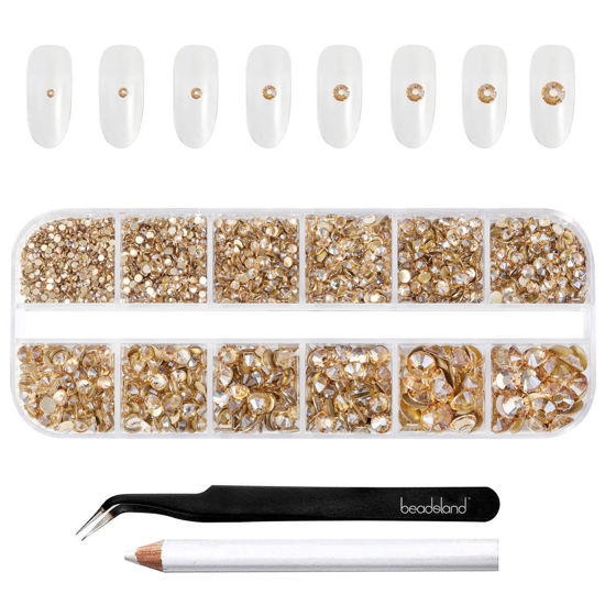 Picture of Beadsland Rhinestones for Makeup,8 Sizes 2500pcs Gold Flatback Rhinestones Eye Gems for Nails Crafts with Tweezers and Wax Pencil,Golden Shadow,SS4-SS30