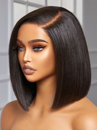 Picture of LUVME HAIR 10 Inch Light Yaki Straight Bob Wig Human Hair, Undetectable HD Lace Glueless Bob Wigs Human Hair Pre Plucked, Pre Cut Lace Wig Short Black Blunt Cut Bob Wigs
