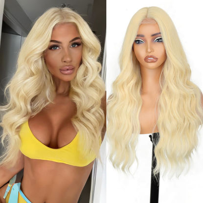 Picture of AISI HAIR 613 Blonde Wig for Women, Long Wavy Lace Hairline Middle Part Synthetic Wig for Daily Party-26 Inch
