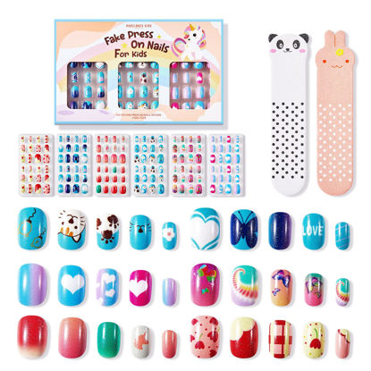 Picture of Modelones Press on Nails for Kids 144Pcs 6 Pack Children Acrylic Fake Nails Pre-glue Full Cover Glitter Gradient Color Heart Cat Short False Nail Art Kits Sets Christmas Day Gifts for Kids Girls