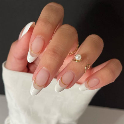 Picture of YOSOMK French Tip Fake Nails Almond Medium Press on Nails with Design Sequins Acrylic Glue on False Nails Glossy Stick on Nails for Women