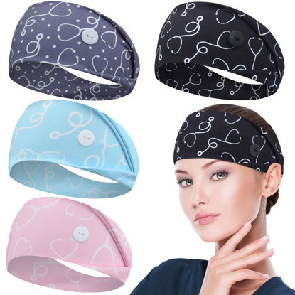 Picture of ABAMERICA Headbands with Button for Mask, Wide Nurses Headbands Non Slip Elastic Ear Protection for Women Men Doctors Sweatband Headband