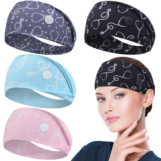 Picture of ABAMERICA Headbands with Button for Mask, Wide Nurses Headbands Non Slip Elastic Ear Protection for Women Men Doctors Sweatband Headband