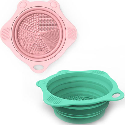 Picture of 2PC Foldable Silicone Makeup Brush Cleaner Pad Bowls, YalsFTY Portable Mat Scrubber Cleaning Tool for Makeup Brushes (Pink and Green)
