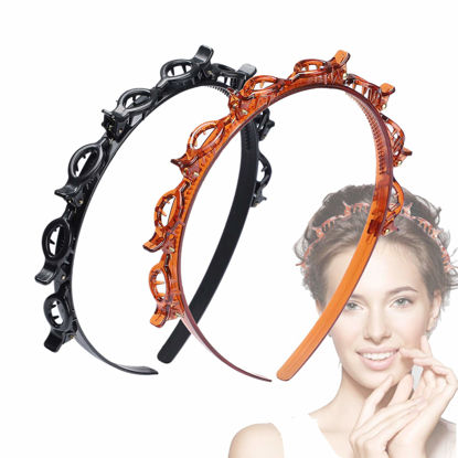 Picture of JASSINS 2 Pcs Bangs Hairstyle Hairpin Headband, Professional Weave Bangs Clip, Toothed Headband Braid Tool, Women Girls Fashion Hair Accessories (Black and Brown)
