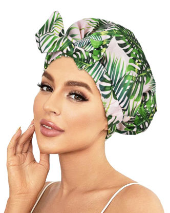 Picture of Luvruitaky Shower Cap Luxury Shower Caps for Women Reusable Waterproof Hair Cap for Shower with Adjustable Bowknot Hair Bath Cap (Green Palm)
