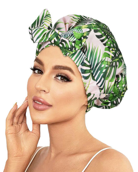 Picture of Luvruitaky Shower Cap Luxury Shower Caps for Women Reusable Waterproof Hair Cap for Shower with Adjustable Bowknot Hair Bath Cap (Green Palm)