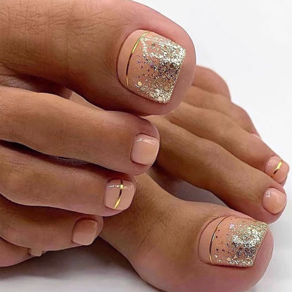 Picture of Press on Toenails Orange Fake Toe Nails Glitter False Toenails Glossy Full Cover Acrylic Glue on Toenails with Designs Cute Artificial Stick on Toenails for Women Manicure 24Pcs