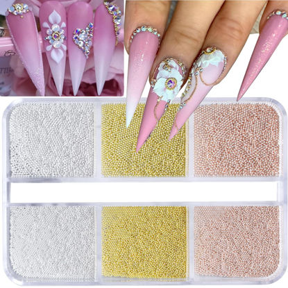 Picture of HNUIX Nail Art Beads - Gold Silver Rose,Multi Size 3D, Round Metal Mini Steel Beads Ball Caviar Nail Charms Design for Nail Art