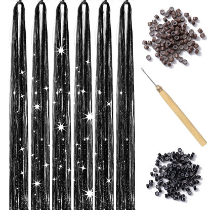 Picture of Black Hair Tinsel Kit with Tool 6pcs 1200 Strands Glitter Tinsel Hair Extensions Heat Resistant Sparkling Shiny Fairy Hair Accessories for Women Girls Kids 47Inch
