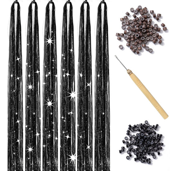 Picture of Black Hair Tinsel Kit with Tool 6pcs 1200 Strands Glitter Tinsel Hair Extensions Heat Resistant Sparkling Shiny Fairy Hair Accessories for Women Girls Kids 47Inch