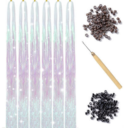 Picture of White Pink Hair Tinsel Kit with Tool 6pcs 1200 Strands Glitter Tinsel Hair Extensions Heat Resistant Sparkling Shiny Fairy Hair Accessories for Women Girls Kids 47Inch