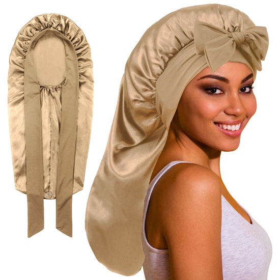 Picture of ROYBENS Long Bonnet Satin Bonnet Silk Bonnet for Sleeping Women, Bonnet with Tie Band Sleep Cap, Silk Hair Bonnet for Braids Curly Hair