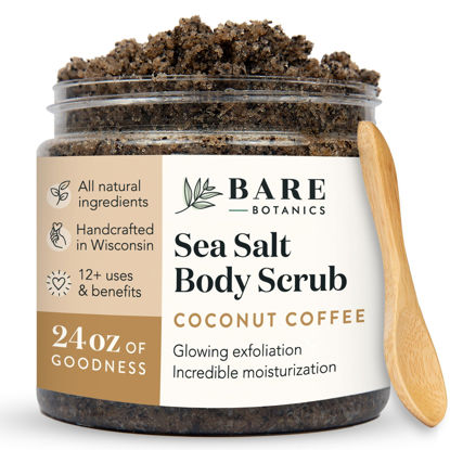 Picture of Bare Botanics Coconut Coffee Body Scrub 24oz | Made in Madison, WI | All Natural Sea Salt Exfoliator w/ Skin Loving Moisturizers | Vegan & Cruelty Free | Gift Ready Packaging w/ a Cute Wooden Spoon
