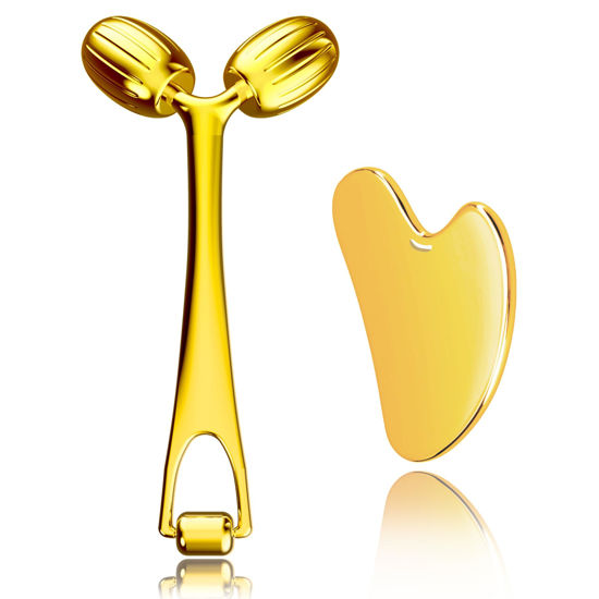 Picture of Yeamon Face Massager, Metal Face Roller Gua Sha Massage Tool for Face Neck Eye Body Skin Care, Facial Roller for Women(Gold)