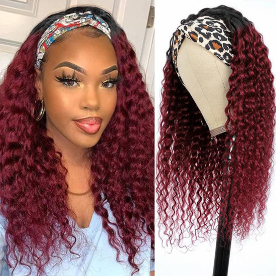 Picture of Aiterina Headband Wig deep wave human hair wigs for Black Women Brazilian Remy Hair Glueless Non Lace Front Wig 150% Density (16 inch, 1B/99J)