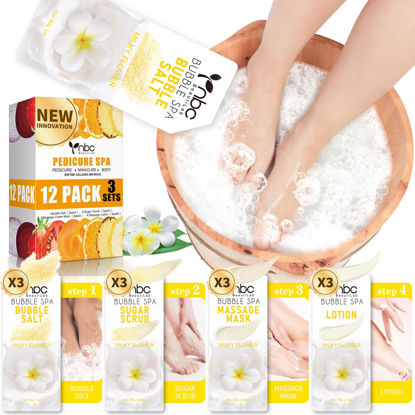 Picture of nbc BeautiLab Pedicure Kit Foot Soak Set: Bubble Salt, Sugar Scrub, Massage Mask, Massage Lotion in a Box, 4 Step Foot Spa Kit for Dry Feet, Calluses and Tired Feet(3 Set Milky Flower)