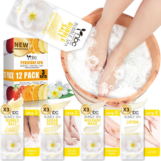 Picture of nbc BeautiLab Pedicure Kit Foot Soak Set: Bubble Salt, Sugar Scrub, Massage Mask, Massage Lotion in a Box, 4 Step Foot Spa Kit for Dry Feet, Calluses and Tired Feet(3 Set Milky Flower)