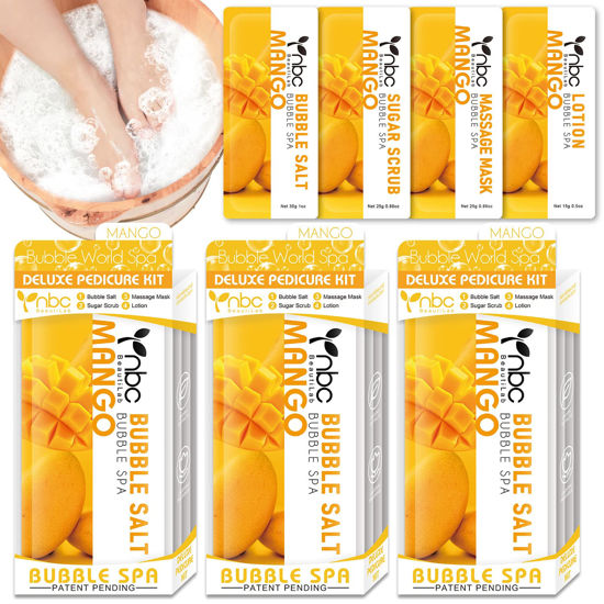 Picture of nbc BeautiLab Pedicure Kit Foot Soak Set: Bubble Salt, Sugar Scrub, Massage Mask, Massage Lotion in a Box, 4 Step Foot Spa Kit for Dry Feet,Tired Feet（3 Set Mango)