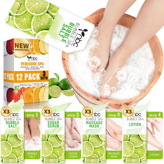 Picture of nbc BeautiLab Pedicure Kit Foot Soak Set: Bubble Salt, Sugar Scrub, Massage Mask, Massage Lotion in a Box, 4 Step Foot Spa Kit for Dry Feet, Calluses and Tired Feet(3 Set Lemon)