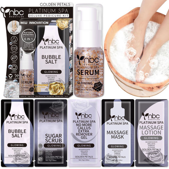 Picture of nbc BeautiLab Pedicure Foot Soak Set - Upgraded 6 in 1 Foot Spa, Foot Bath Spa, Pedicure Kit, Foot Soak for Tired & Dry Cracked Feet, Athletes Feet, Bad Odor, Softens Calluses,Golden Petals