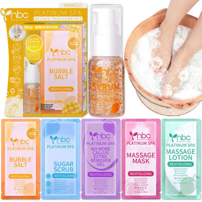 Picture of nbc BeautiLab Pedicure Kit Foot Soak Set: Bubble Salt, Sugar Scrub, Massage Mask, Massage Lotion in a Box, 4 Step Foot Spa Kit for Dry Feet, Softens Calluses, Soothes Sore and Tired Feet (Mango)