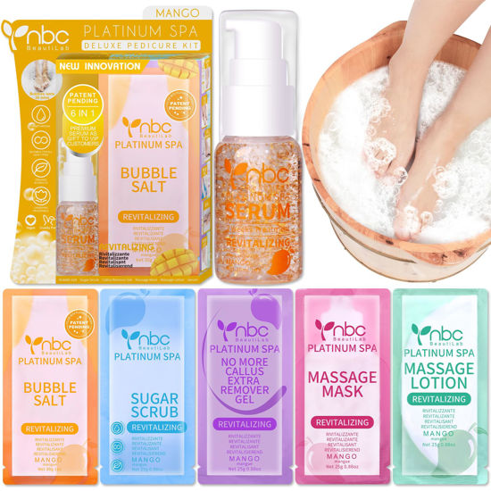 Picture of nbc BeautiLab Pedicure Kit Foot Soak Set: Bubble Salt, Sugar Scrub, Massage Mask, Massage Lotion in a Box, 4 Step Foot Spa Kit for Dry Feet, Softens Calluses, Soothes Sore and Tired Feet (Mango)
