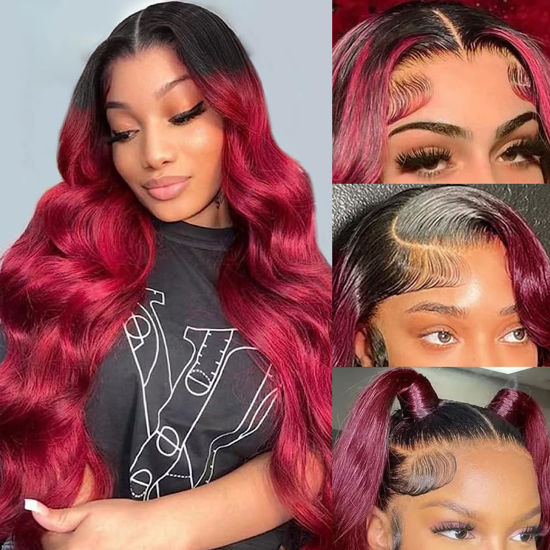 Picture of Avolo 30 Inch Ombre Lace Front Wig Human Hair T1b/99j Burgundy Lace Front Wigs Human Hair 13x4 HD Body Wave Wine Red Colored Frontal Wigs Human Hair 180% Density Glueless Ombre Human Hair Wig