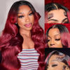 Picture of Avolo 1B/99J Burgundy Lace Front Wigs Human Hair 13x4 HD Body Wave Ombre Lace Front Wig Human Hair 180% Density Black And Burgundy Ombre Lace Front Wig Colored Frontal Wigs Human Hair 28 Inch