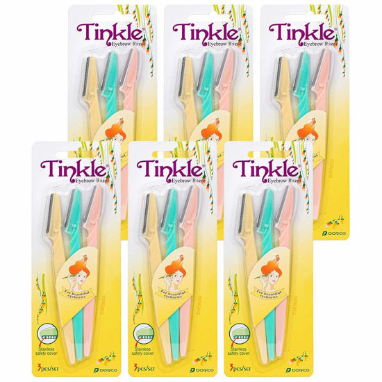 Picture of Dorco Tinkle Eyebrow Razors | 18 Razors. (6 Packs of 3) | Eyebrow Trimmer & Dermaplaning Tool | Safe & Easy Facial Hair Removal | Stainless Steel Safety Cover | Ideal for Korean Skincare