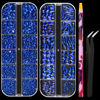 Picture of Multi Shapes Dark Blue 3D Glass Crystal Nail Art Rhinestones Kit with Flatback Round Bead Charm Gem Stone Jewelry Diamond with Pickup Pen + Tweezer for Manicure Makeup DIY Craft Decoration