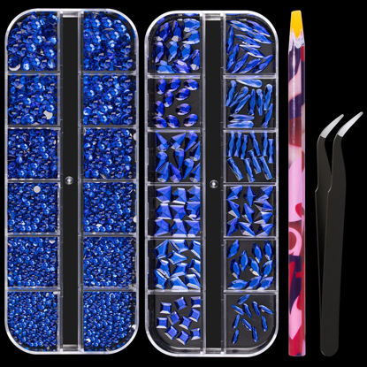 Picture of Multi Shapes Dark Blue 3D Glass Crystal Nail Art Rhinestones Kit with Flatback Round Bead Charm Gem Stone Jewelry Diamond with Pickup Pen + Tweezer for Manicure Makeup DIY Craft Decoration