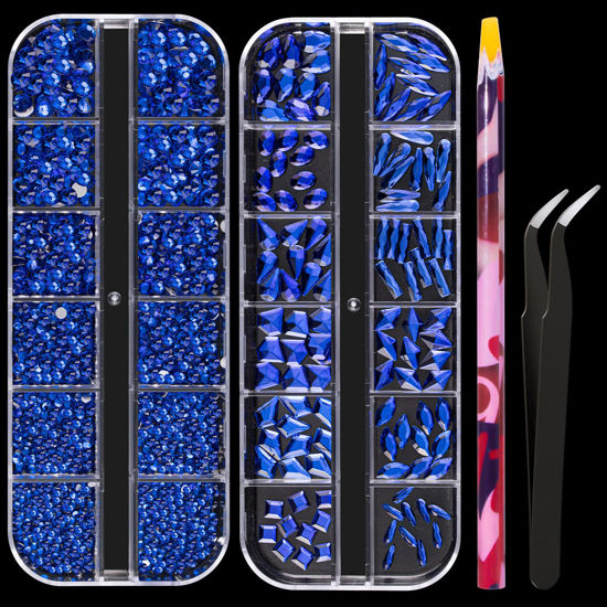 Picture of Multi Shapes Dark Blue 3D Glass Crystal Nail Art Rhinestones Kit with Flatback Round Bead Charm Gem Stone Jewelry Diamond with Pickup Pen + Tweezer for Manicure Makeup DIY Craft Decoration