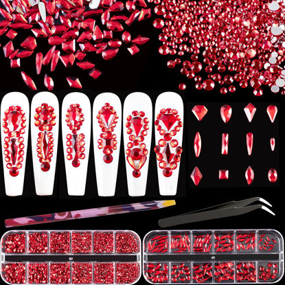Picture of Multi Shapes Red 3D Glass Crystal Nail Art Rhinestones Kit with Flatback Round Bead Charm Gem Stone Jewelry Diamond with Pickup Pen + Tweezer for Manicure Makeup DIY Craft Decoration