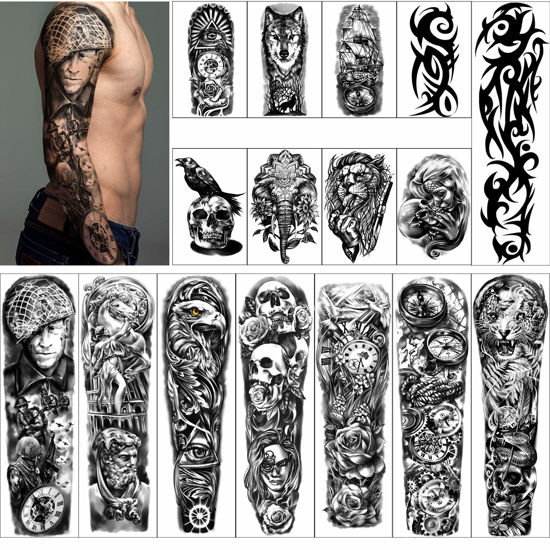 Picture of Full Arm Temporary Tattoos 8 Sheets and Half Arm Shoulder Waterproof Tattoos 8 Sheets, Extra Large Tattoo Stickers for Men and Women (22.83"X7.1")