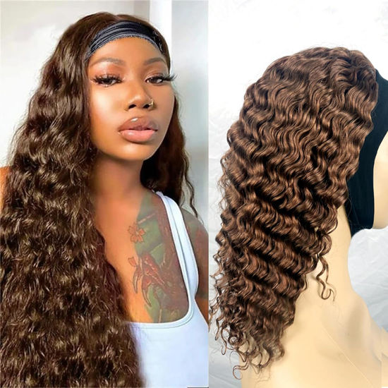 Picture of XSY Chocolate Brown Headband Human Hair Wigs Deep Wave None Lace Front Wigs Brazilian Virgin Human Hair Glueless Machine Made Headband Wigs for Black Women 28 Inch
