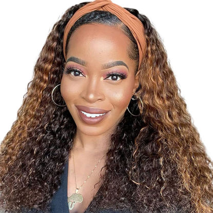 Picture of XSY Headband Wig Ombre Highlight 12 Inch Curly Headband Wig Human Hair Wigs for Black Women None Lace Front Wigs 150% Density 4/27 Highglight Wig